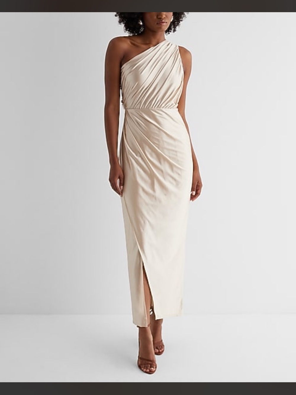 Hello Molly One-Shoulder Satin Dress in Cream